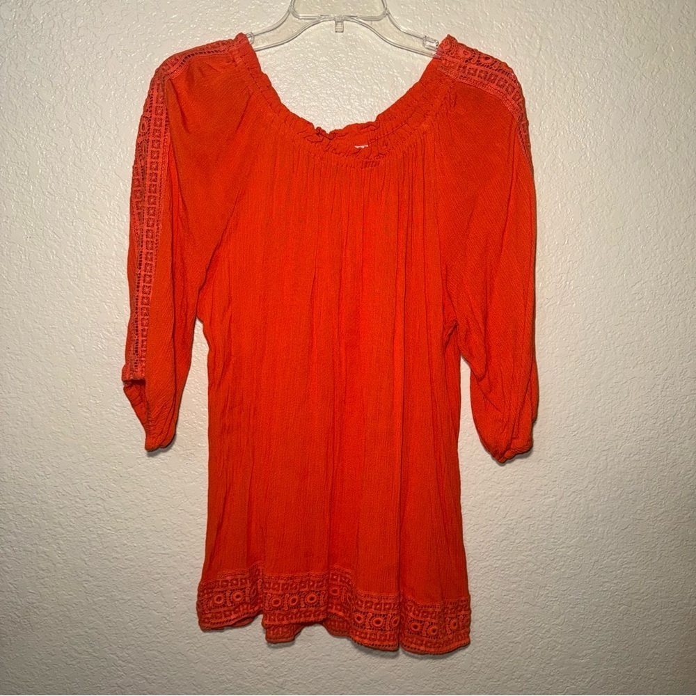 Westport Women’s 2X Orange Boho Peasant Blouse Lace Trim 3/4 Sleeve